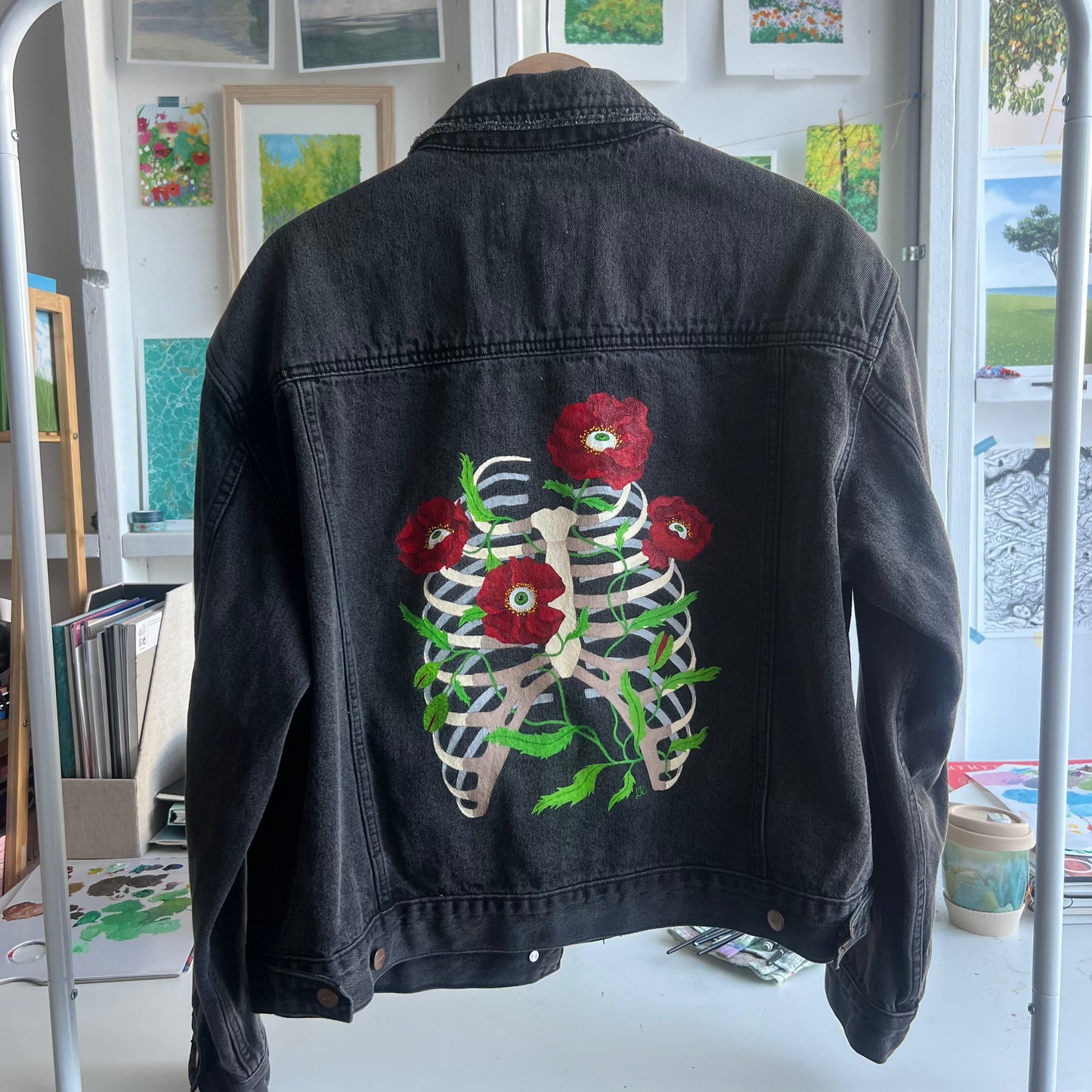 hand-painted denim jacket - climbing poppies