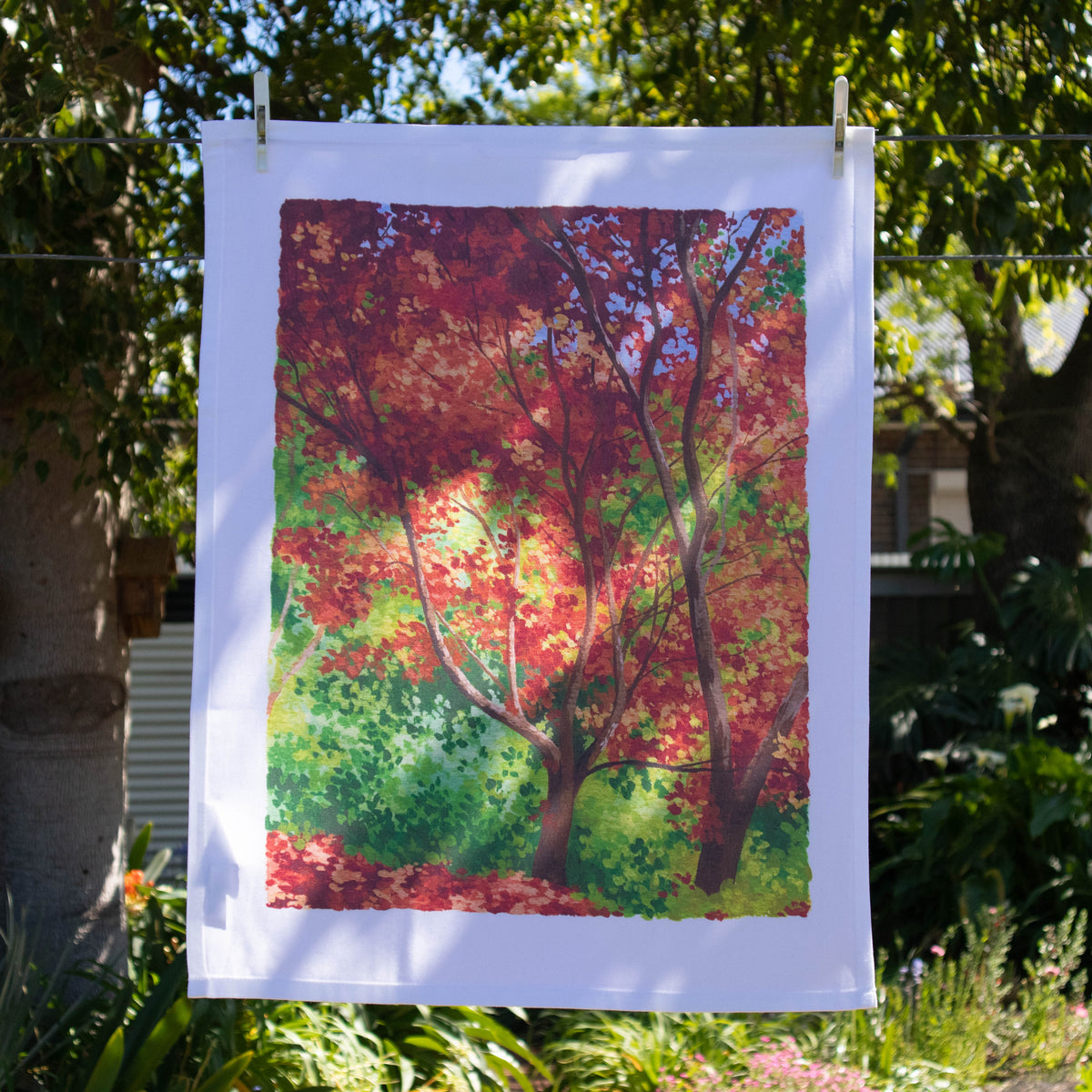 organic cotton tea towel - flaming foliage
