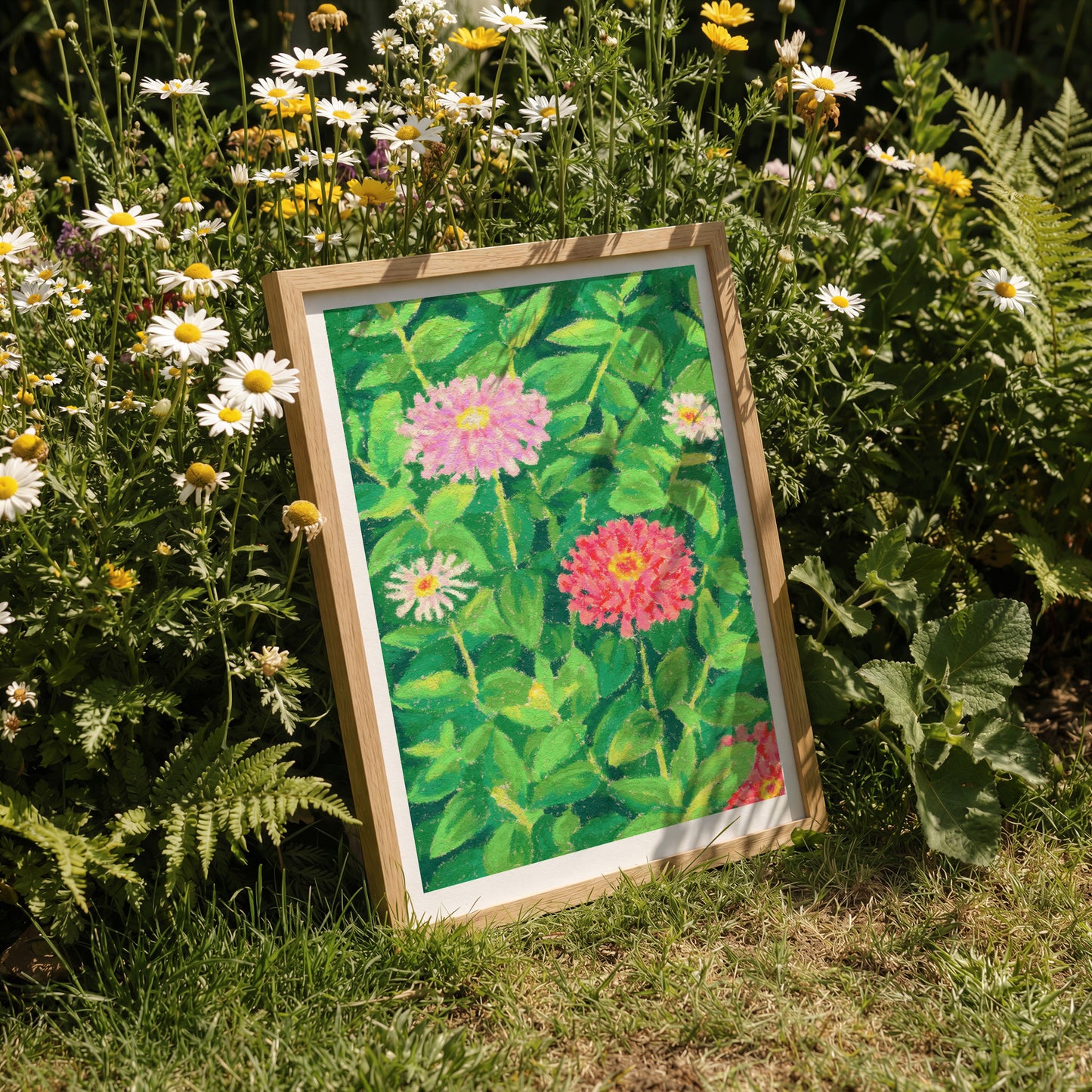 oil pastel zinnias - art print