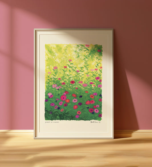 pocket of zinnias - art print