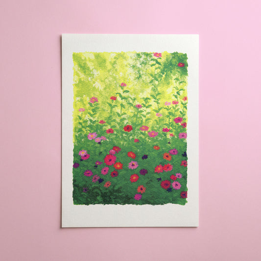 pocket of zinnias - art print